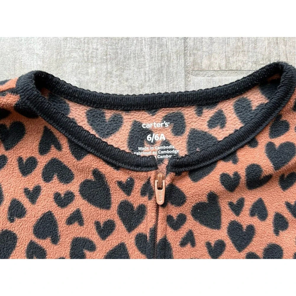 Girls Fleece Leopard Hearts PJs Pajama One Piece Footed Sleeper Zip Cozy 6